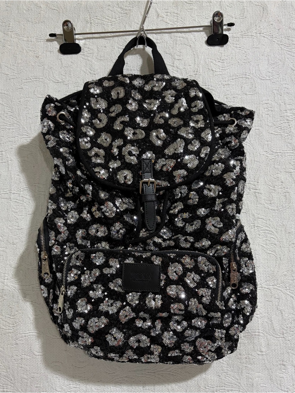 Victoria's Secret PINK Leopard Cheetah Backpack Bag Sequin Black Silver RARE